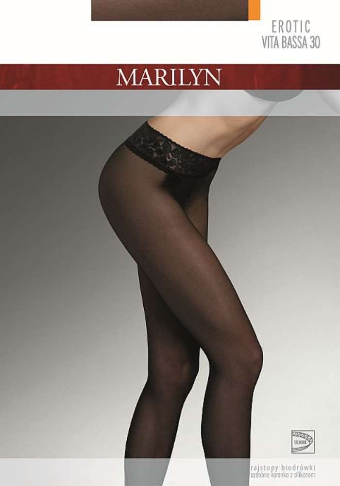 Rajstopy Marilyn Erotic Vita Bassa 30 DEN biodrówki z ozdobną koronką i pasem silikonowym.