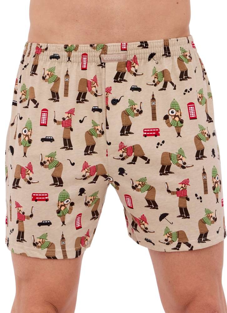 bokserki meskie kolorowe z motywem detektywa Sherloka cornette 001-163 fason luźny kolor beżowy