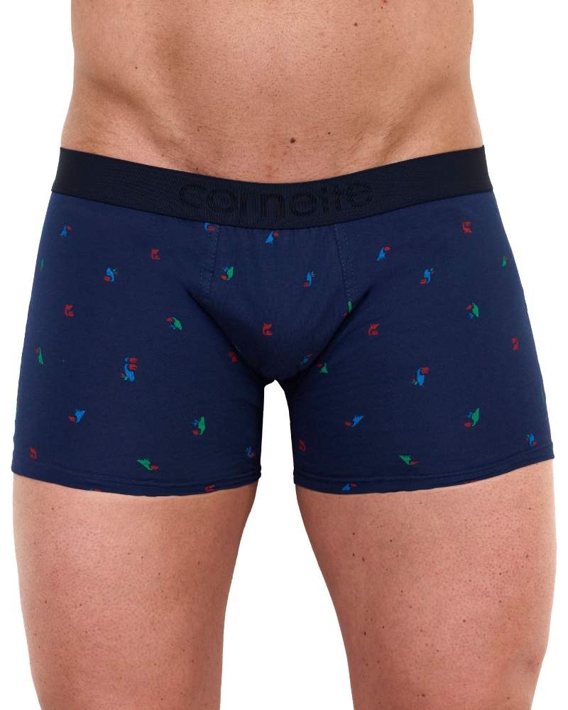 Granatowe obcisłe bokserki męskie cornette he 508-158 ozdobione barwnym wzorem tukanów