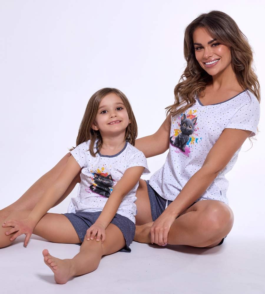 Bawełniany zestaw jednakowych piżam rodzinnych z kotkiem dla Mamy i Córki Cornette Black Cat.jpg