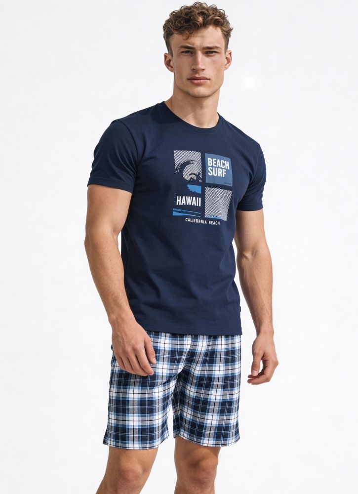 Męska piżama krótka Cornette Hawaii granatowy t-shirt i spodenki w niebieską kratę bawełna 100%