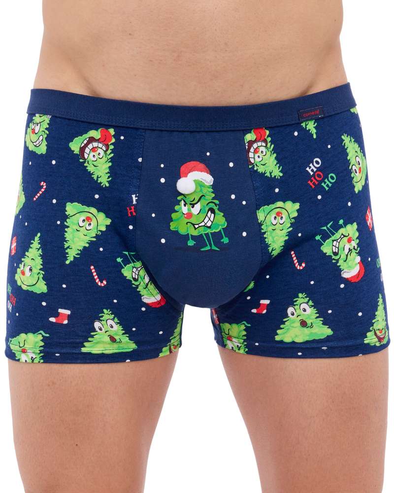 Świąteczne bokserki męskie Cornette 007-73 Angry Granatowe bokserki z nadrukiem światecznych choinek