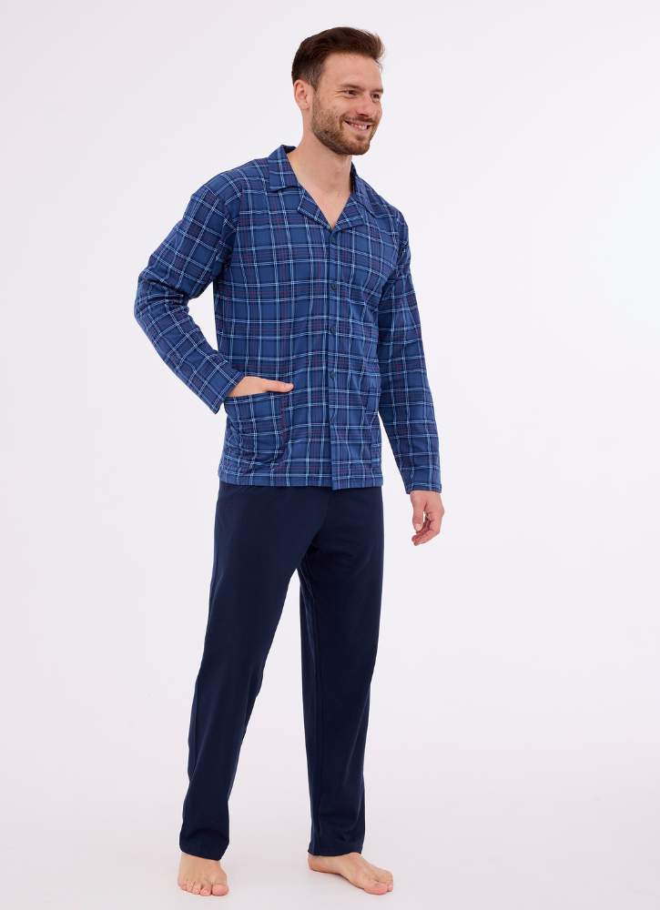 Piżama męska długa rozpinana z kieszeniami Cornette 11474 jeans-granat piżama rozpinana męska otwock bazarowa 10