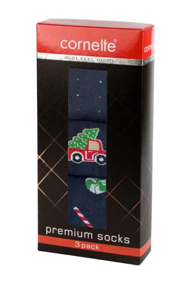 Skarpety świąteczne firmy Cornette zapakowane w eleganckie pudełko, gotowy prezent pod choinkę.