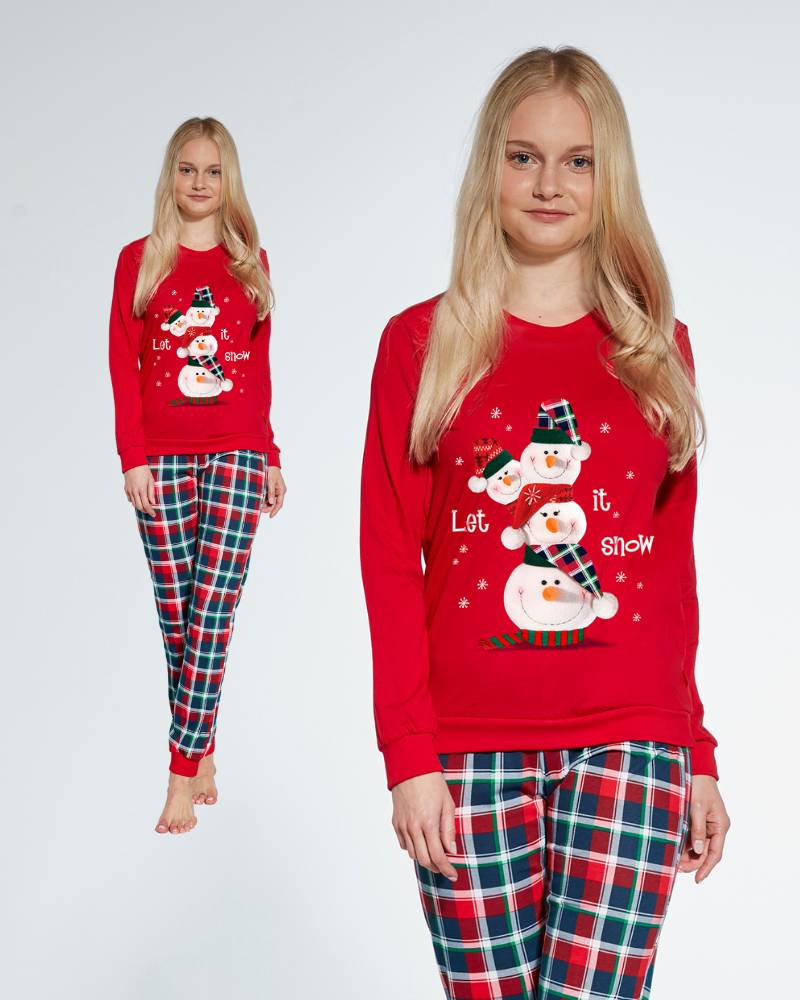 swiateczna-pizama-dla-dziewczynki-w-balwanki-cornette-594-592-172-snowman-2-bluzka-czerwona-spodnie-w-kratkę